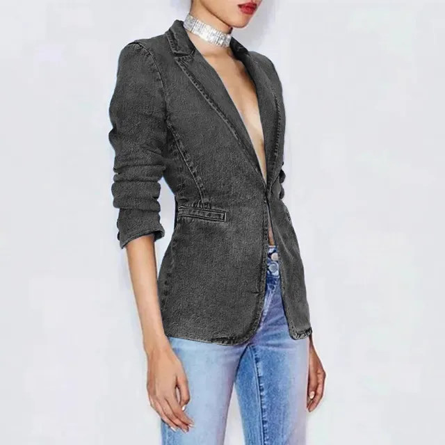 Slim fit And Slimming Solid color Denim Jacket With A Suit Collar Gray - Shop at LoveMi