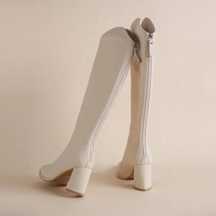 Chunky Heel High Women's Below The Knee Pointed Boot - Beige