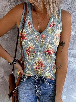 Women's Clothing Abstract Printing Casual V neck Women's Sleeveless Vest Kkwvs181173Blu 2Xl - Shop at LoveMi