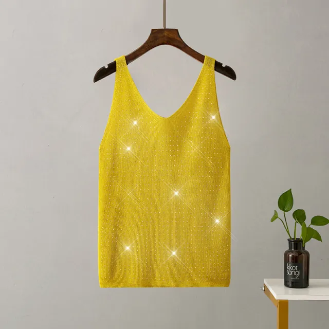 Ice Silk Knitted Bright Thread Diamond encrusted V neck Camisole Yellow - Shop at LoveMi