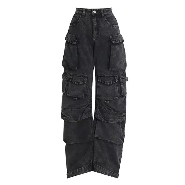 High Waist Trousers Street Hipster Multi pocket Wide Leg Tie dyed Jeans Black - Shop at LoveMi