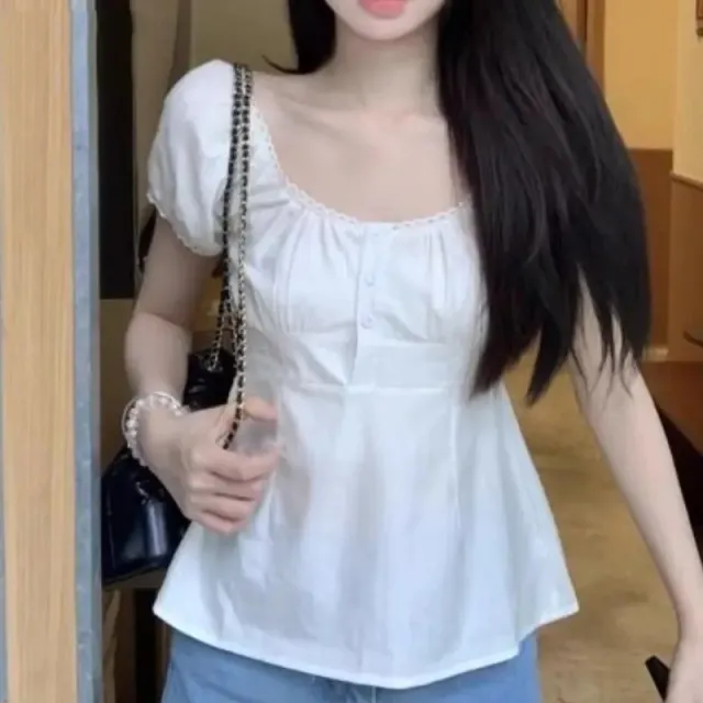 Puff Sleeve White Shirt Women's Short Sleeve Top White - Shop at LoveMi
