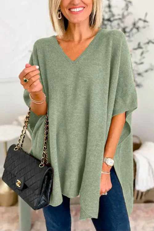Cloak Cover V neck Loose Sweater Top Grass Green - Shop at LoveMi