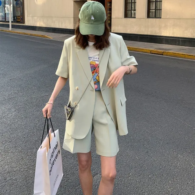 Casual Loose Short Sleeves Suit Jacket Female Suit Shorts Two piece Suit Cantaloupe Color Suit M - Shop at LoveMi