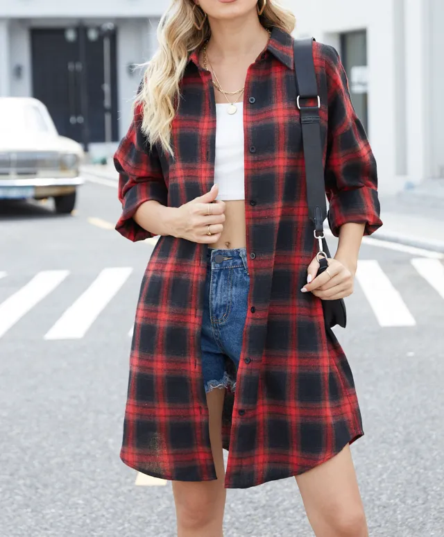 New Casual Long Sleeve Long Flannel Plaid Shirt Coat Red - Shop at LoveMi