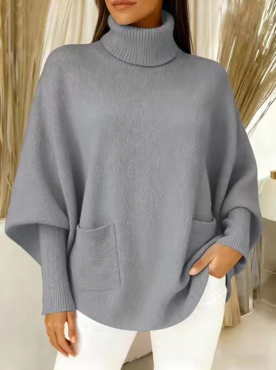 Turtleneck batwing sleeve sweater – lifestyle shot showing cozy casual styling