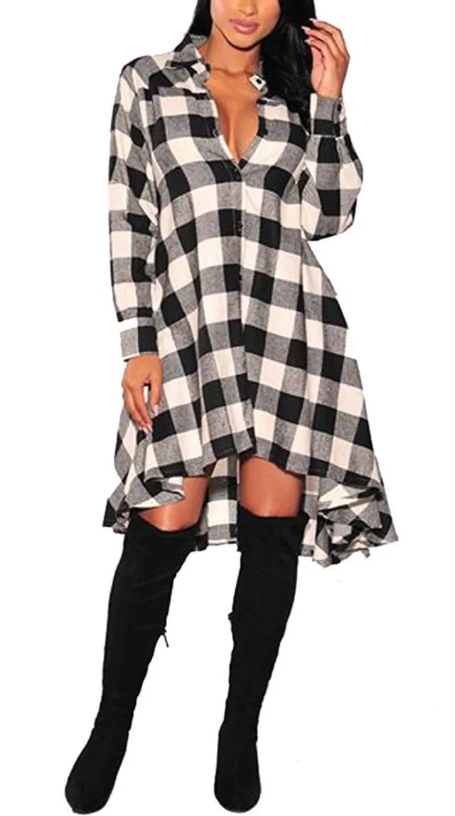 Boyfriend Style Casual Pocket Long Sleeve Plaid Polo Shirt Irregular Coat Black - Shop at LoveMi