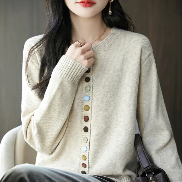 Women's Knitted Cardigan Jacket With Colorful Buttons Beige - Shop at LoveMi