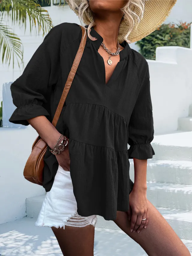 Spring And Summer New Popular Solid Color And V neck Top Black - Shop at LoveMi