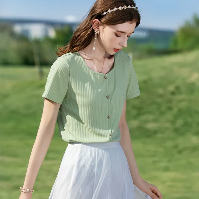 V Neck Knitted Short Sleeved T Shirt Green - Shop at LoveMi
