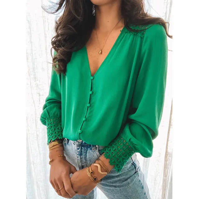 Solid Color Lace V neck Single breasted Shirt For Women Green - Shop at LoveMi