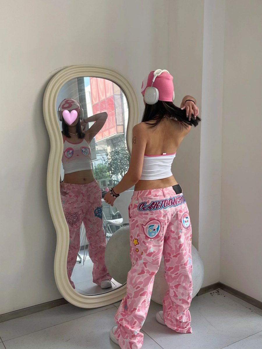 Women's Retro Camouflage Printed Wide leg Jeans Pink - Shop at LoveMi