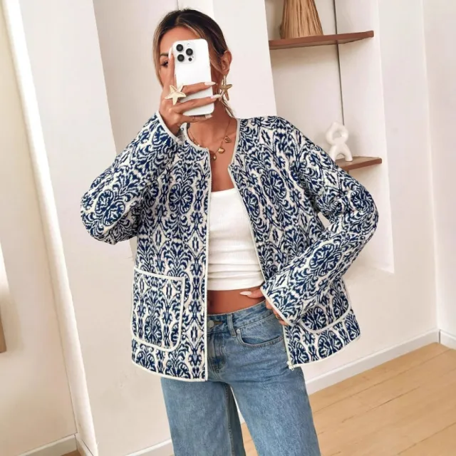 Simple Zip Long Sleeve Coat Women's Printed Wear Blue - Shop at LoveMi