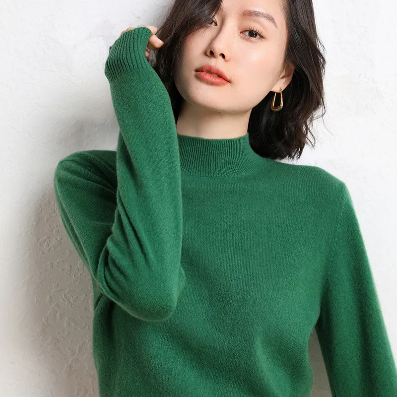 Half Turtleneck Women's Knitted Warm Bottoming Sweater - Green