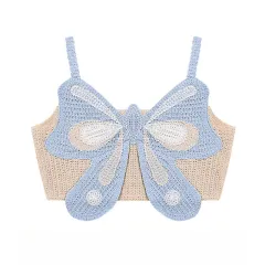 Bowknot Woven Patchwork Knitting Camisole Women's Summer Outer Wear Small Pure Desire Short Top - Blue - View 1