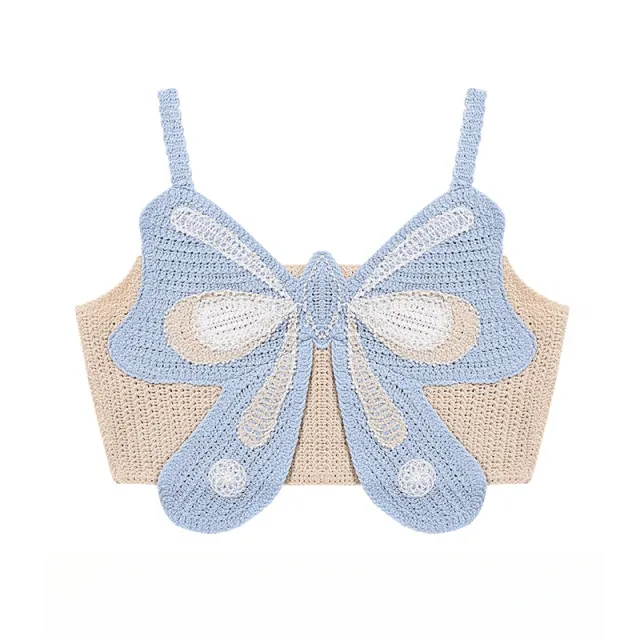 Bowknot Woven Patchwork Knitting Camisole Women's Summer Outer Wear Small Pure Desire Short Top Blue - Shop at LoveMi