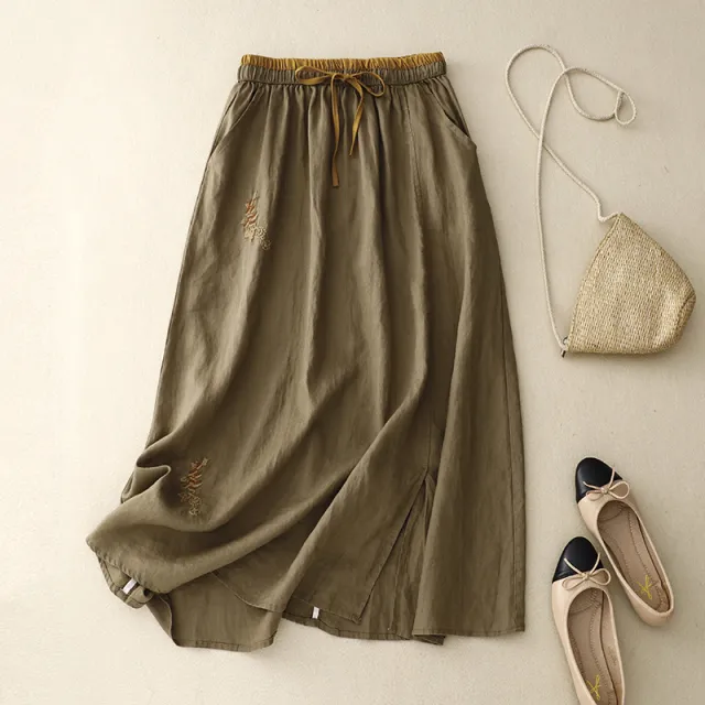 Artistic Embroidered Patchwork Skirt Elastic Waist Color Matching A Line Skirt Brown - Shop at LoveMi