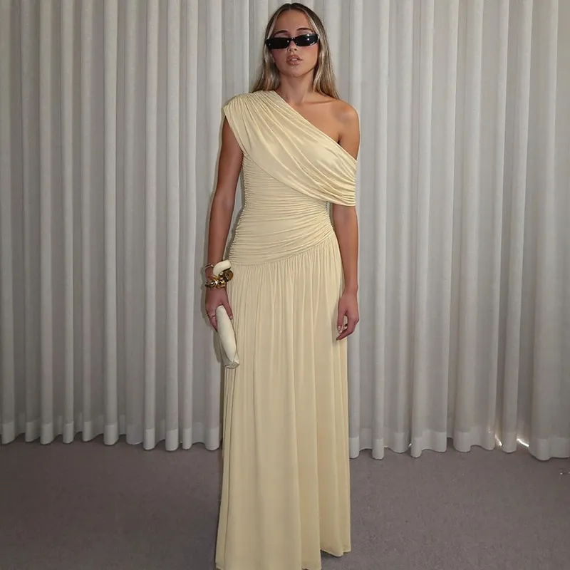 Fashion Sexy Diagonal Collar Pleated Irregular Solid Color Dress - Apricot