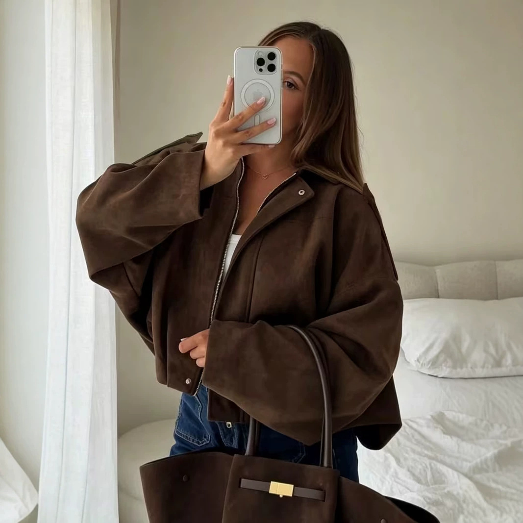 Loose Lapels Suede Short Coat Women's Clothing