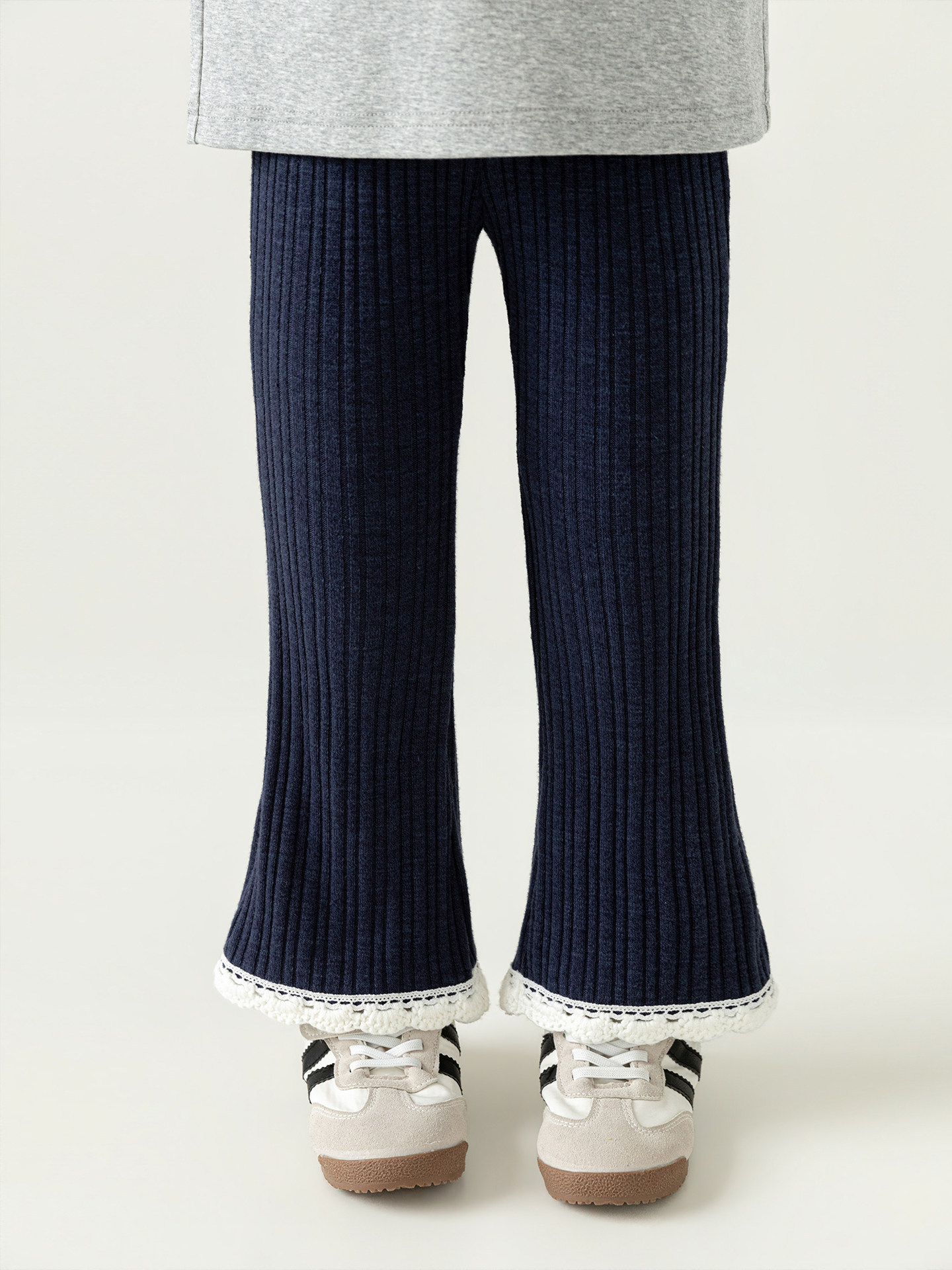 Versatile Girls Ribbed Flared Pants With Lace Trim