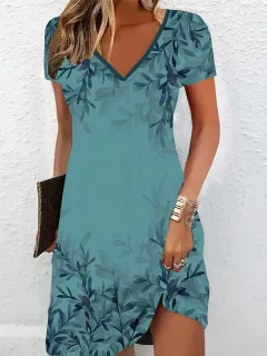 Women's Short Sleeve Plus Size Summer Loose V-neck Printed Dress - 5Yl1A-S - View 1