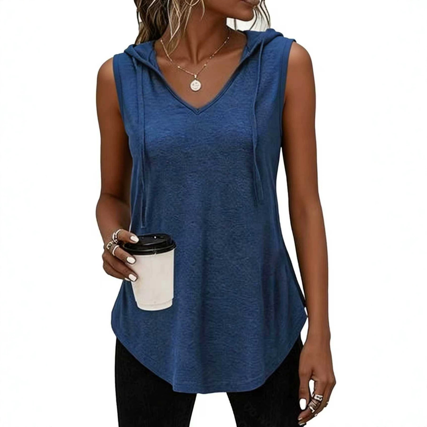 Fashionable Relaxed-fit V-neck Sleeveless Hooded Womens Top