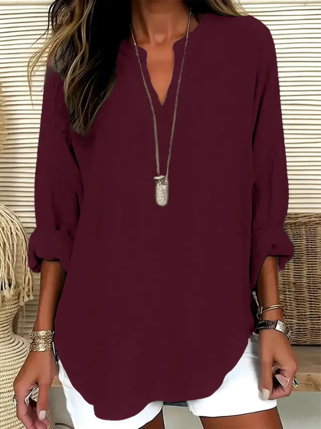 Women's V neck Drop shoulder Long sleeve T shirt Wine Red - Shop at LoveMi