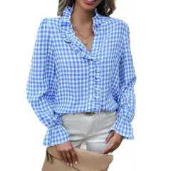 Women's French-style Plaid Shirt With Wooden Ears - Light Blue - View 1