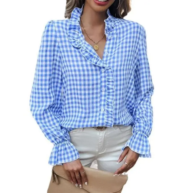 Women's French style Plaid Shirt With Wooden Ears Light Blue - Shop at LoveMi