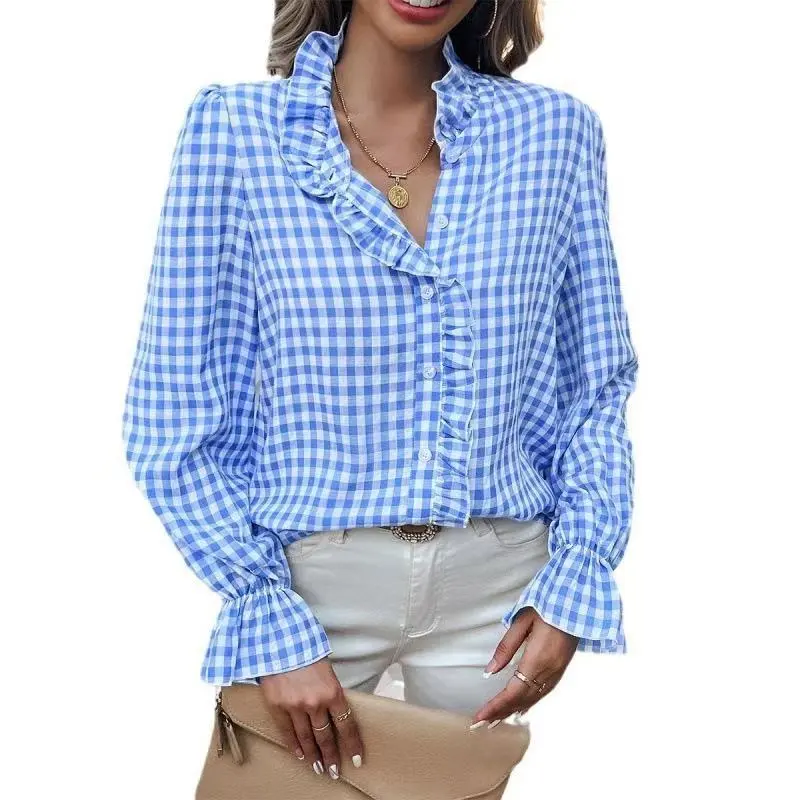 Women's French-style Plaid Shirt With Wooden Ears - Light Blue
