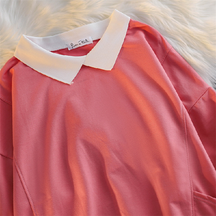 Autumn And Winter Clothing Thin Sweater Women's Loose Polo Collar Pocket Stitching Student Long Sleeve Top Tide