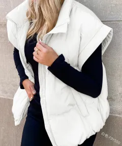 Solid Colour Zipper Pocket Cotton-padded Vest Fashion Stand Collar Temperament Commute Coat - White - View 1