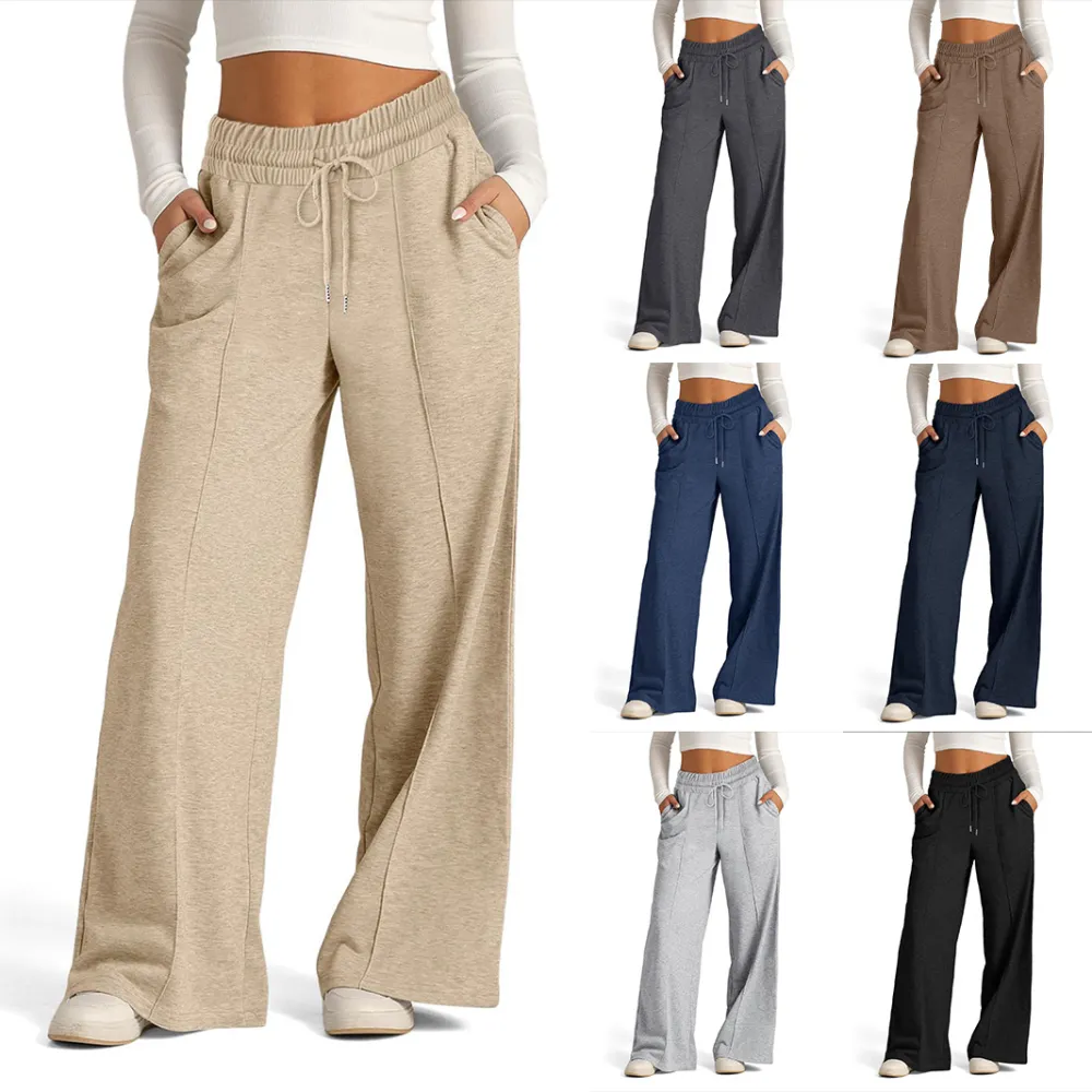 Women's Lace-up Solid Color Waist Tight Fashion Wide-leg Casual Pants