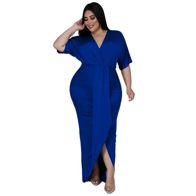 Women's Fashion Plus Size Irregular Long Sleeve V Neck Dress Blue - Shop at LoveMi
