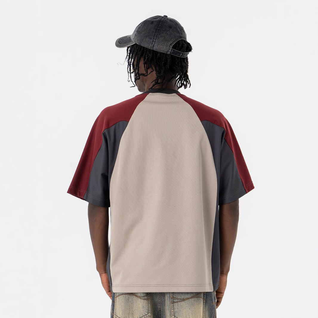 Retro Three-Color Patchwork Design Crew Neck Short Sleeves