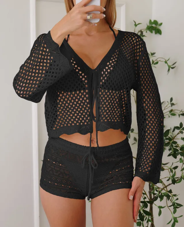 Cotton like Women's Cardigan Hollow Woven Blouse Black - Shop at LoveMi
