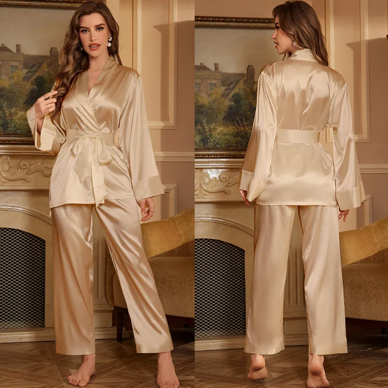 Solid Color Nightgown Trousers Home Wear Two-piece Set - Champagne-Xl