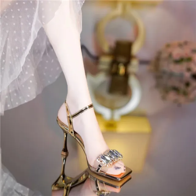 Women's Rhinestone Strap Square Head Fairy Style Open Toe High Heels Gold - Shop at LoveMi