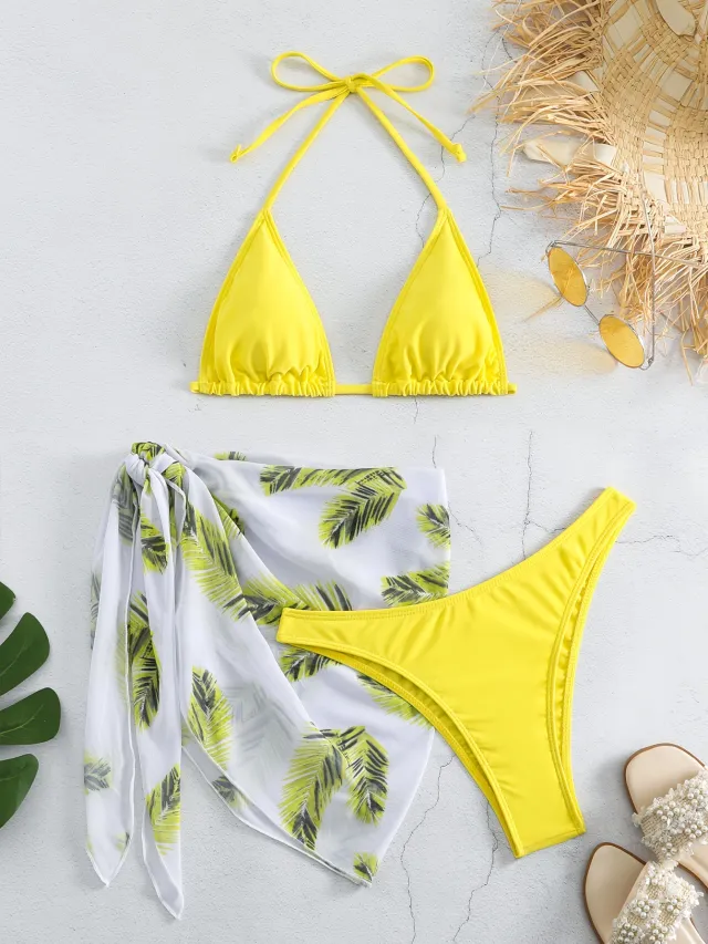 Bikini Three piece Swimsuit Solid Color Swimsuit Printed Gauze Skirt Yellow - Shop at LoveMi