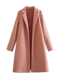 Women's Casual Woolen Lapel Non-buckle Overcoat Coat - Meat Powder-Xl - View 1