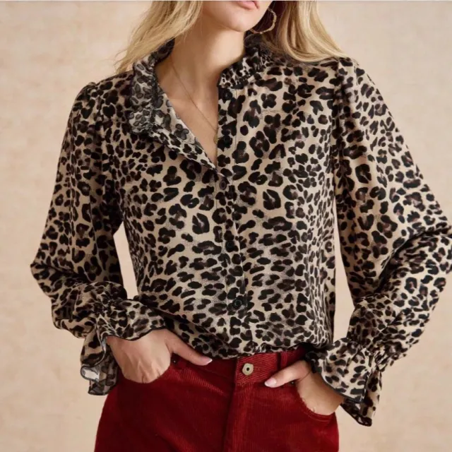 New Womens Casual Leopard print Stand collar Long sleeve Cardigan Shirt Leopard - Shop at LoveMi