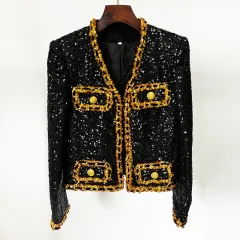 Fashion New Heavy Embroidery Sequins Chain Short Jacket Cardigan Coat - Black - View 1