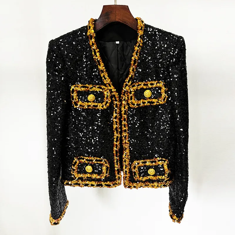 Fashion New Heavy Embroidery Sequins Chain Short Jacket Cardigan Coat - Black