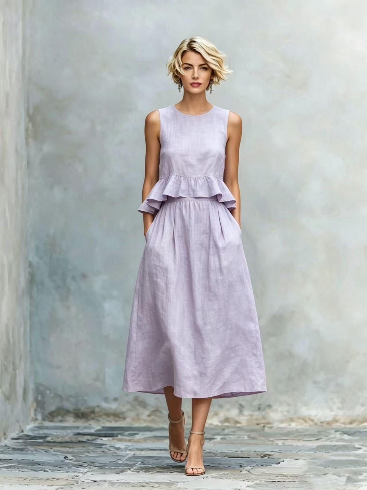 Women's High-Waist Maxi Dress in Light Purple – sleeveless boho vacation dress