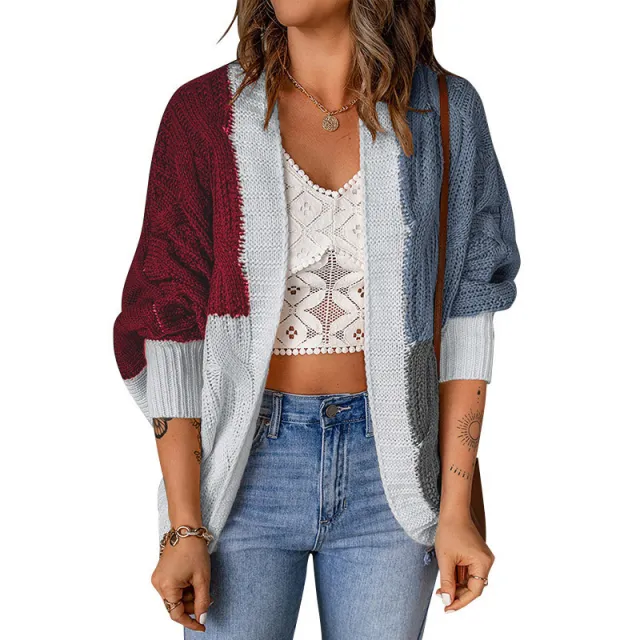 Color Stitching Knitted Cardigan Sweater Outside Wine Red - Shop at LoveMi