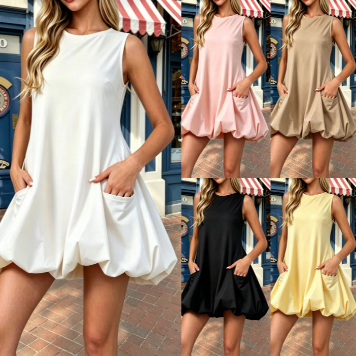 Solid-color Sleeveless Camisole Bloom Dress