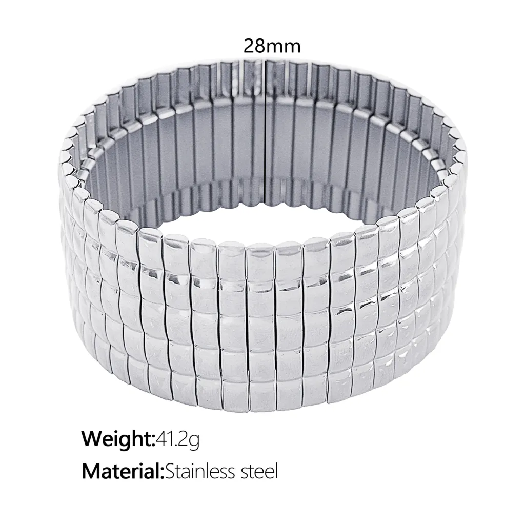 Stainless Steel Stretch Strap Retro Metal Contraction Band Pull Titanium Steel Bracelet - Sz56 Silver Elastic Plaid