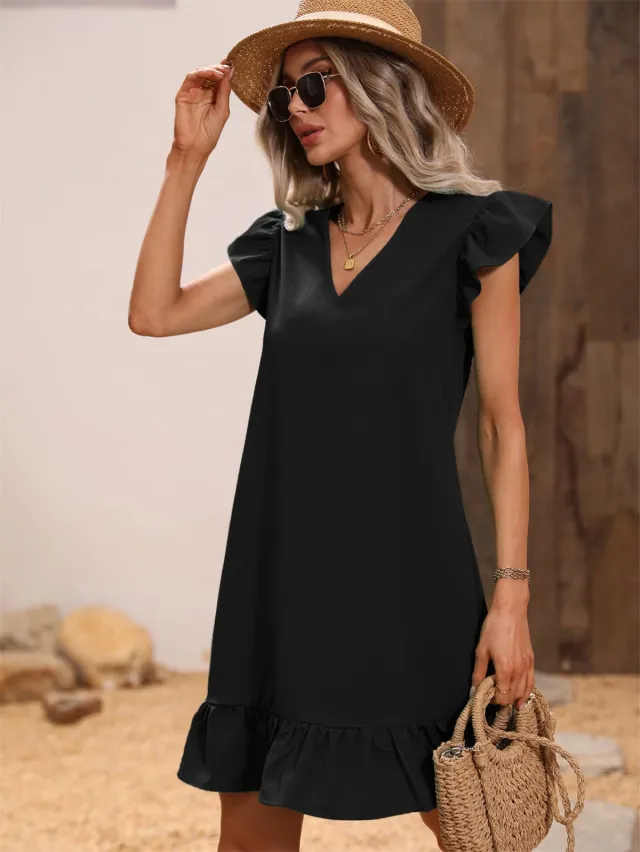 Women's V neck Ruffle Loose Waist Short Sleeve Dress Black - Shop at LoveMi