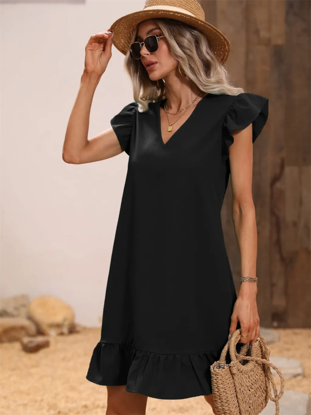 Women's V-neck Ruffle Loose Waist Short Sleeve Dress - Black