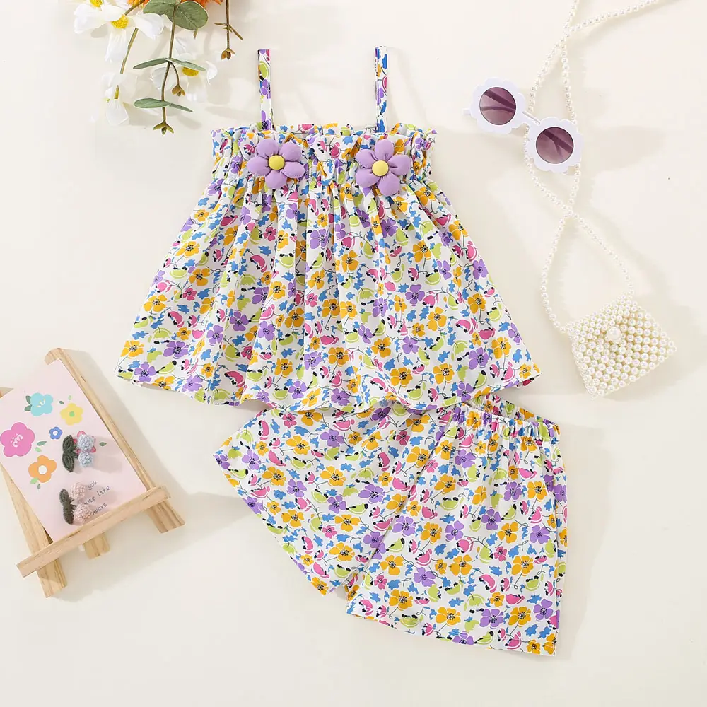 Girls' Three-dimensional Little Flower Suspender Top Shorts Two-piece Set